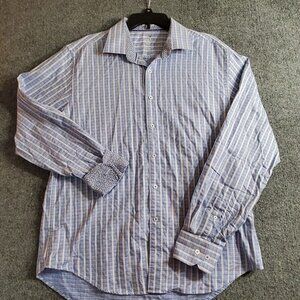 BUGATCHI Uomo Flip Cuff Shaped Fit Button Up Shirt Mens XL Blue White Check